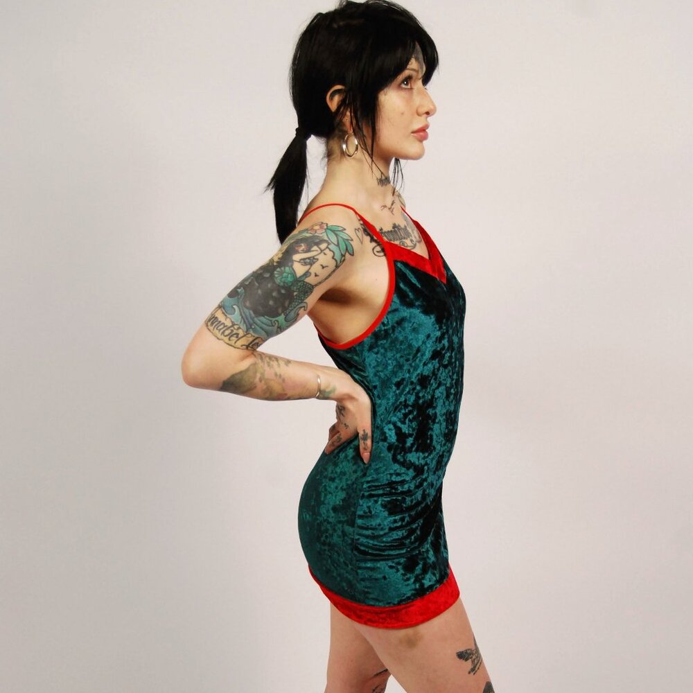 Y2K Velvet Bodycon Mini Dress (XS) green red vintage holiday christmas sexy slip - Picture 2 of 7